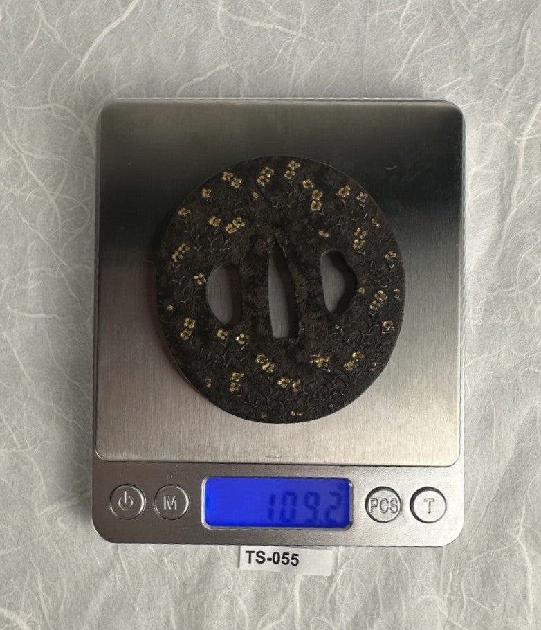 Iron Tsuba with Gold Inlaid Flowers – TS-055