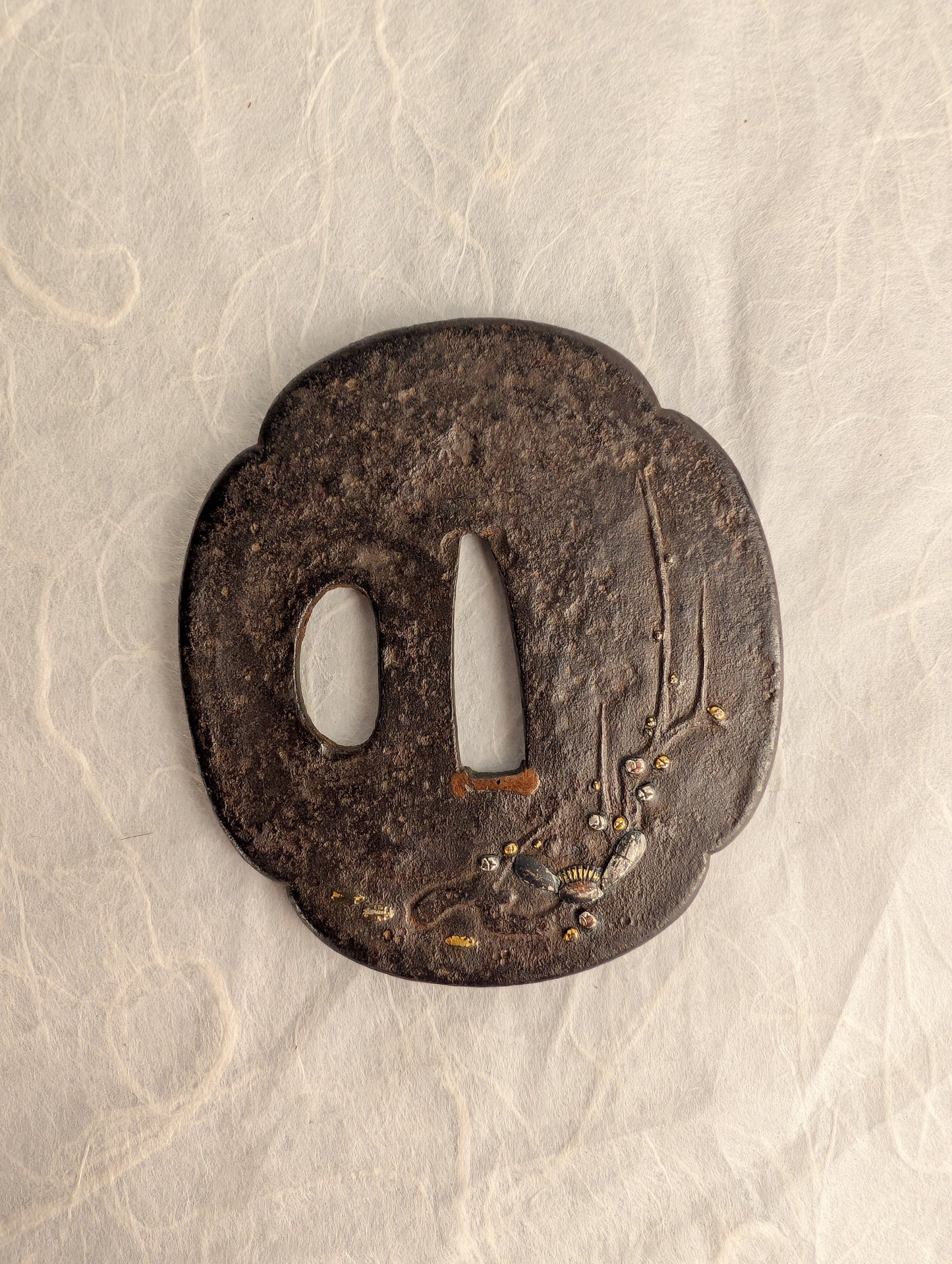 Iron Tsuba with Inlaid Insect and Blossoms – TS-057