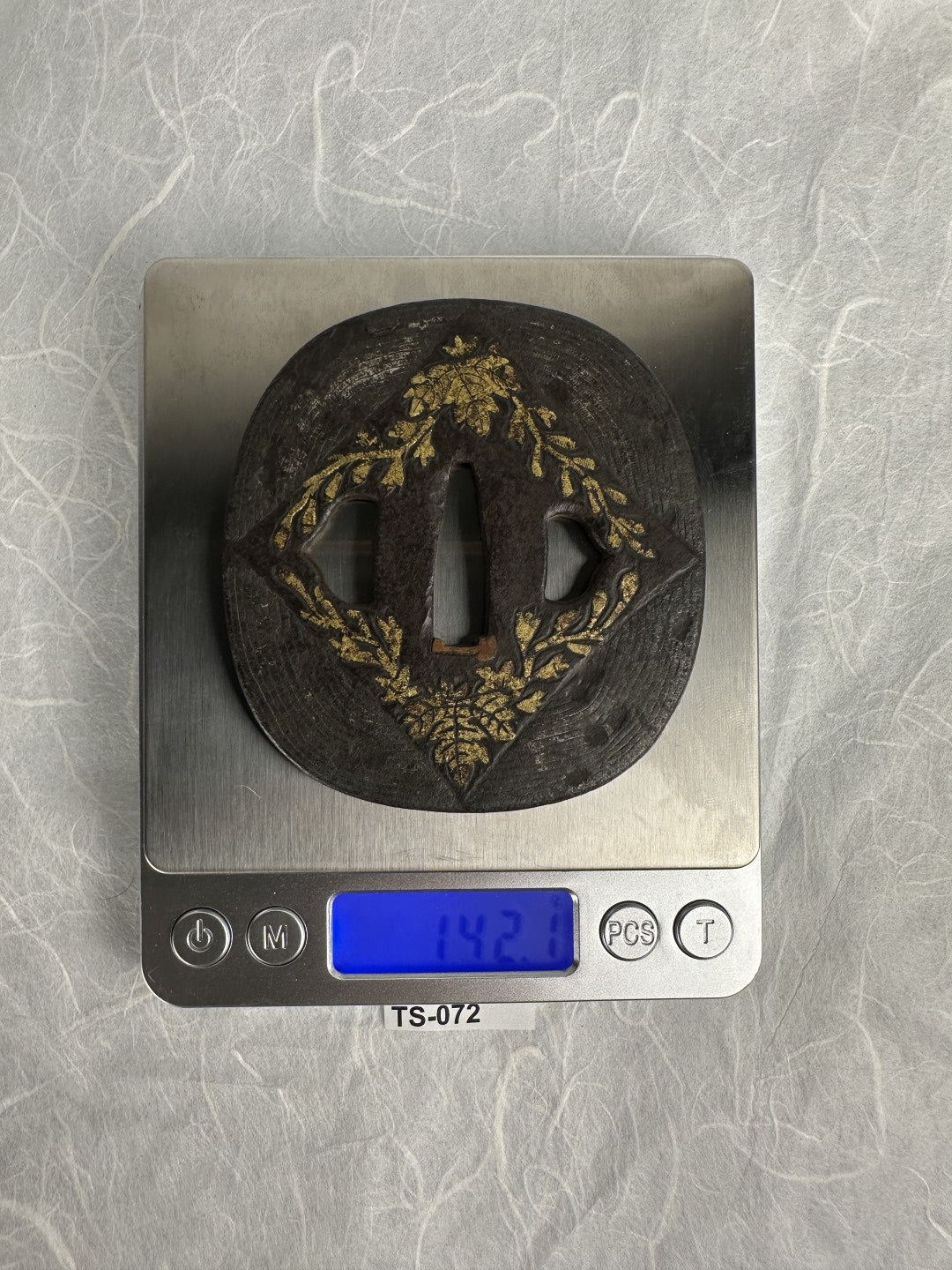 Iron kaku-maru Tsuba with Gilt Floral Motif – TS-072