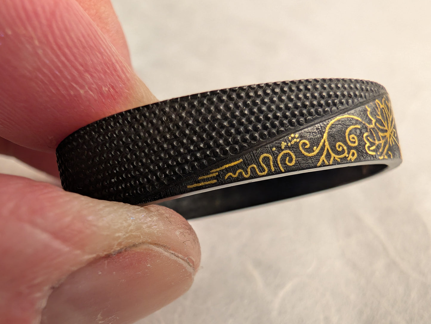 Fuchi with Golden Chrysanthemum and Vine Inlays - FU-010