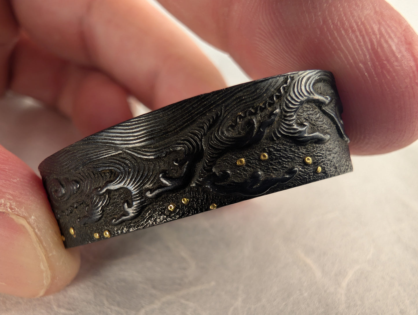 Shakudo Fuchi with Waves and Gold Shizuku Zogan Inlay - FU-017