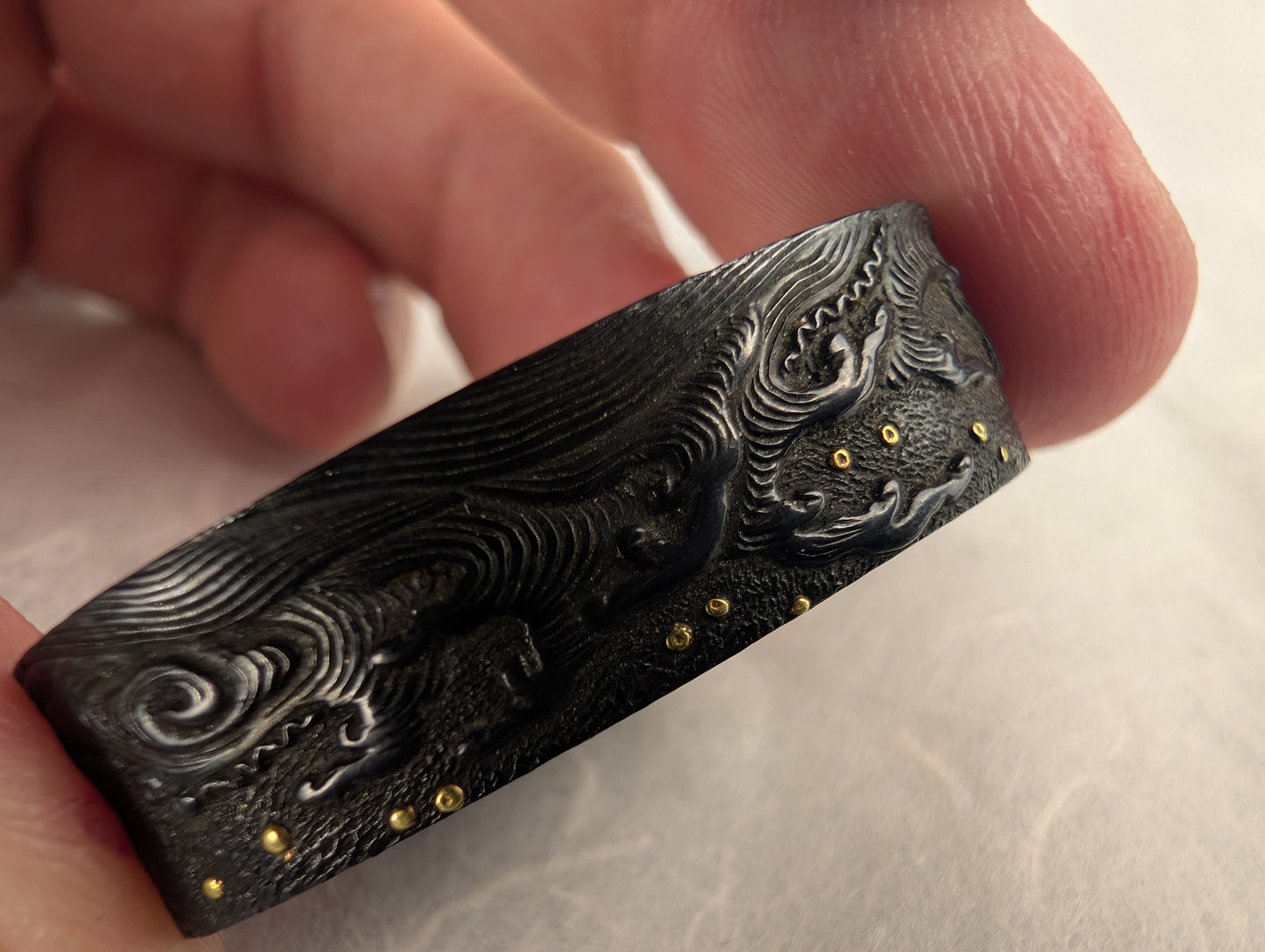 Shakudo Fuchi with Waves and Gold Shizuku Zogan Inlay - FU-017
