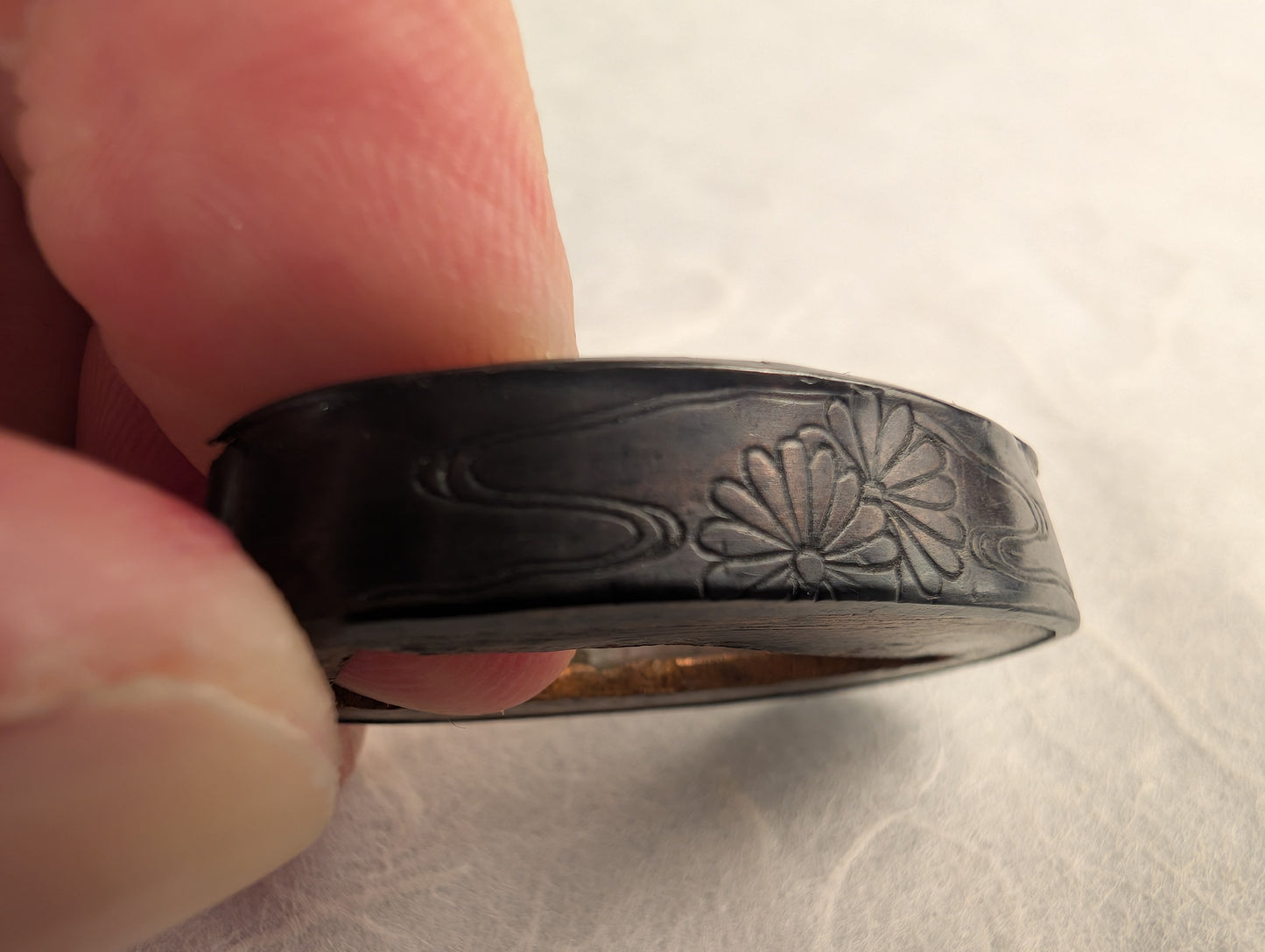Shakudo Foiled Fuchi with Chrysanthemum and Wave Motif - FU-019