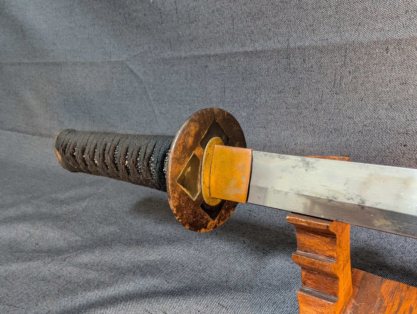 Mumei Wakizashi 54.2cm with Iron Geometric Tsuba and Brass Fittings – NT-005