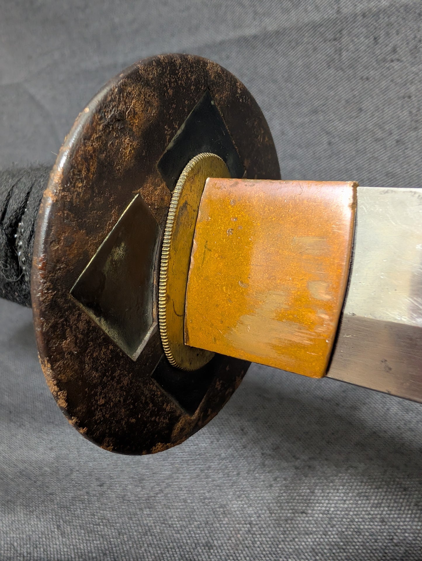Mumei Wakizashi 54.2cm with Iron Geometric Tsuba and Brass Fittings – NT-005