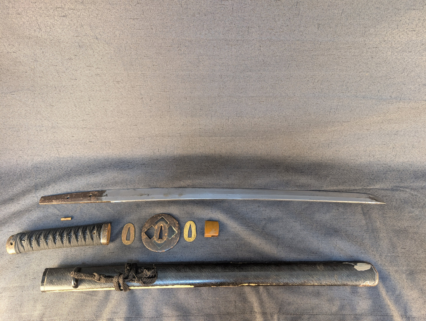 Mumei Wakizashi 54.2cm with Iron Geometric Tsuba and Brass Fittings – NT-005