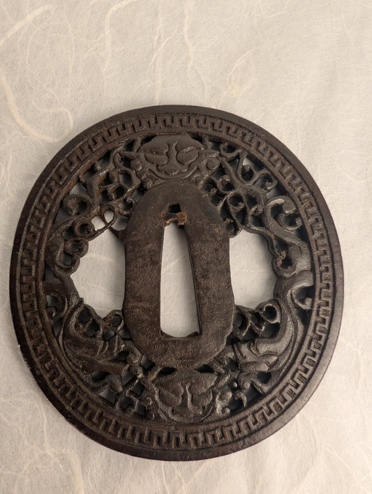 Iron Sukashi Tsuba with Shishi and Karakusa Design - TS-017