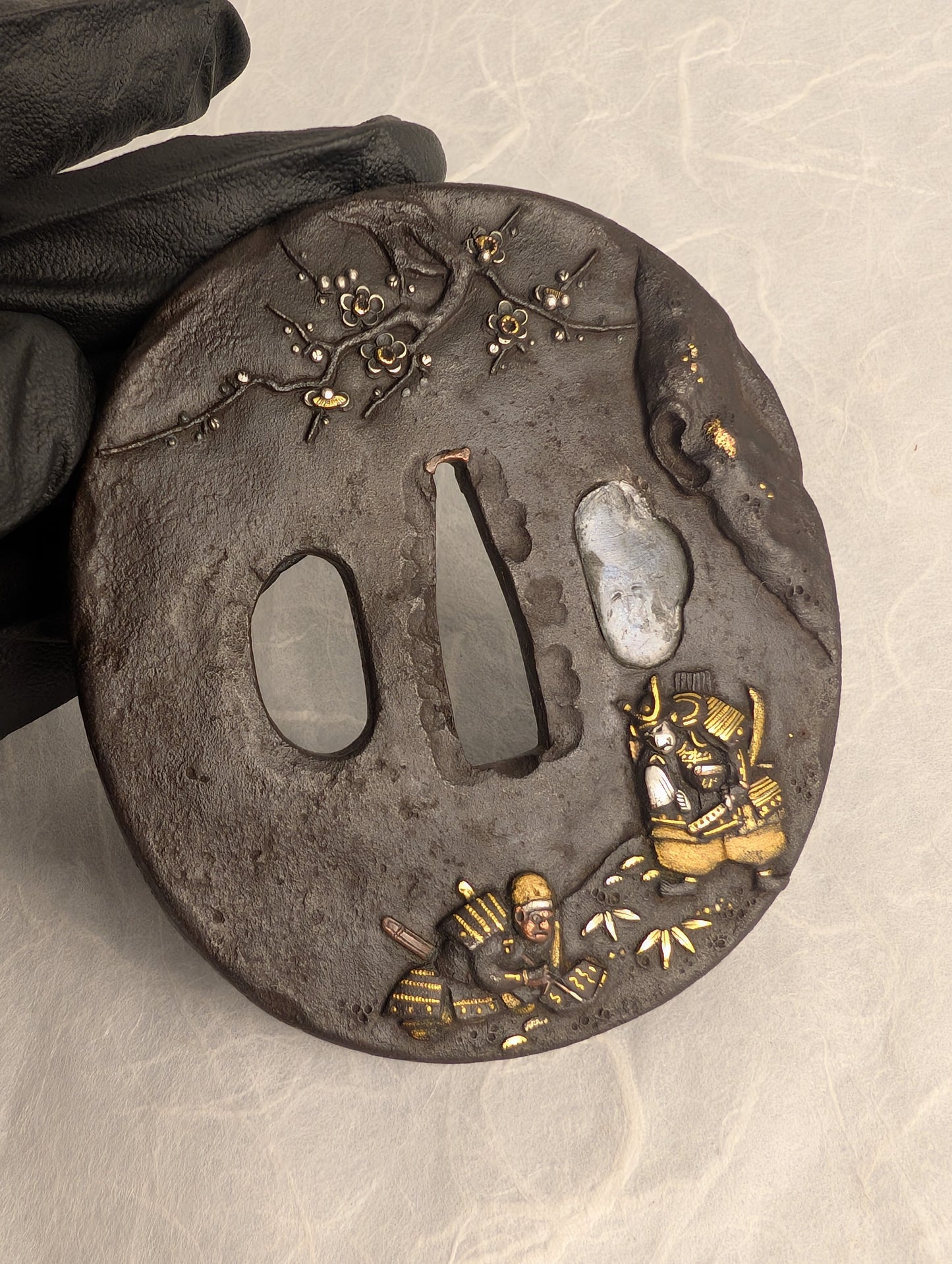 Iron Tsuba with Samurai and Plum Blossoms - TS-018