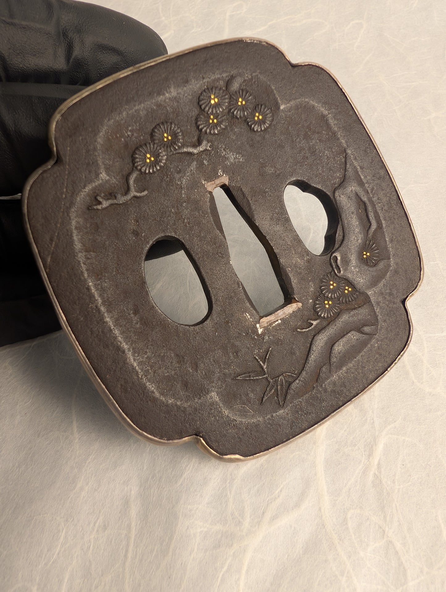 Iron Tsuba with Chrysanthemums and Flowing Water - TS-019