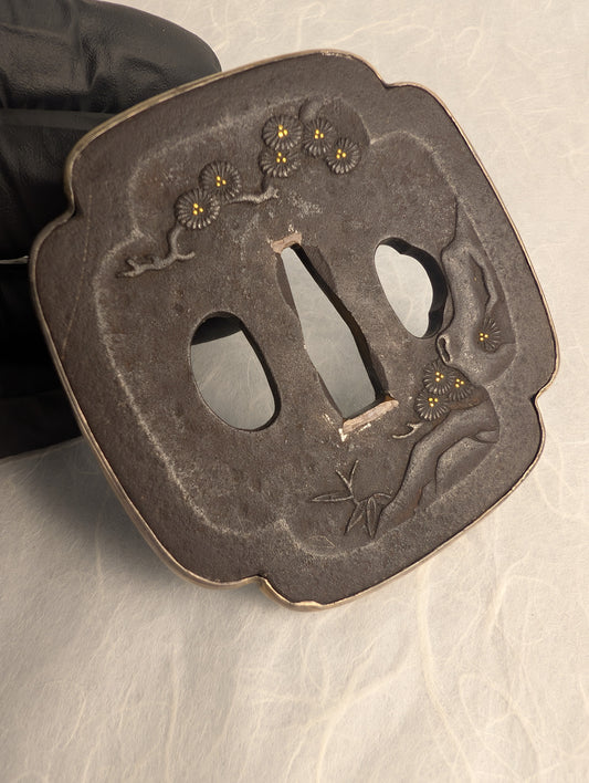 Iron Tsuba with Chrysanthemums and Flowing Water - TS-019