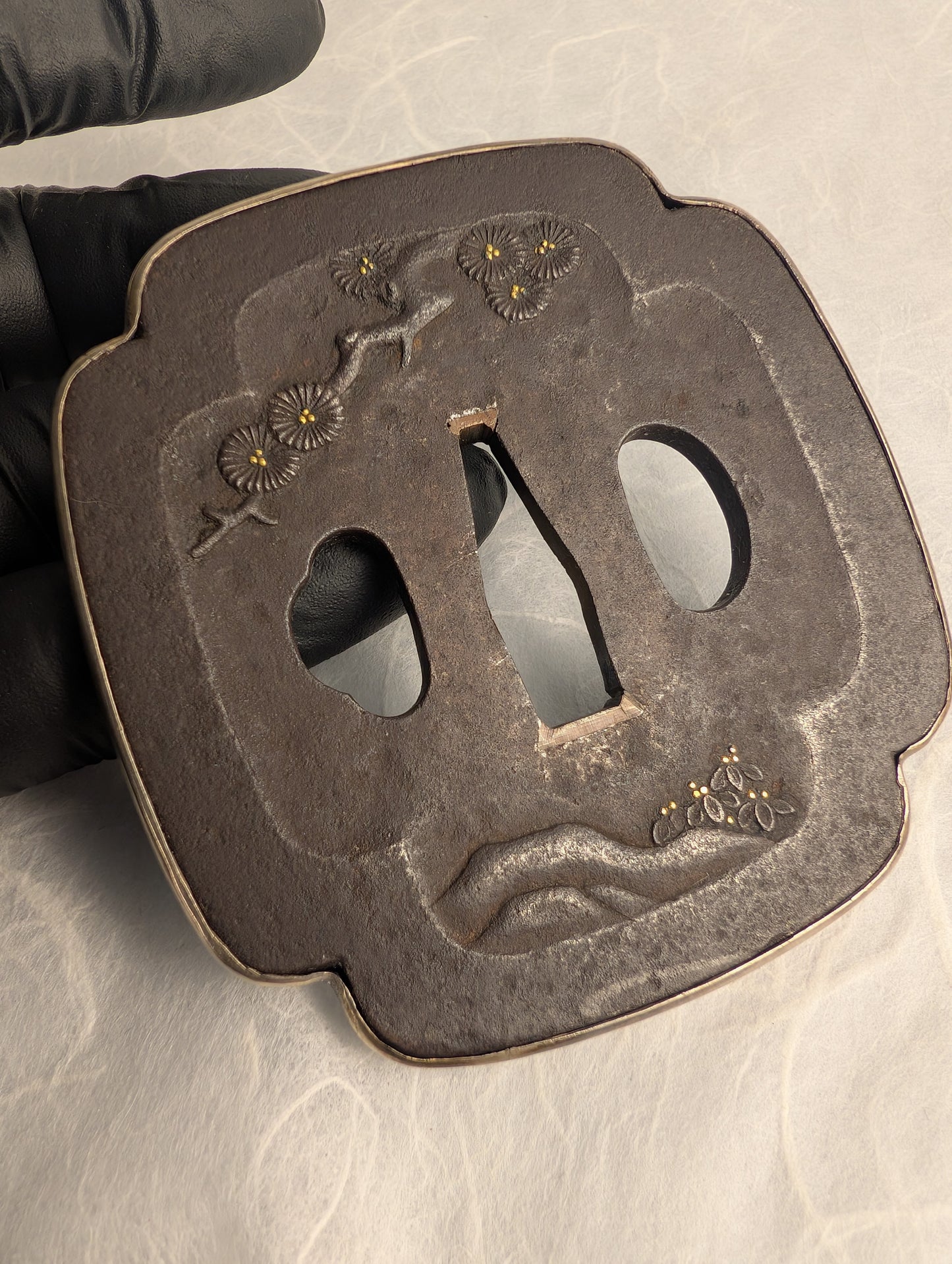 Iron Tsuba with Chrysanthemums and Flowing Water - TS-019