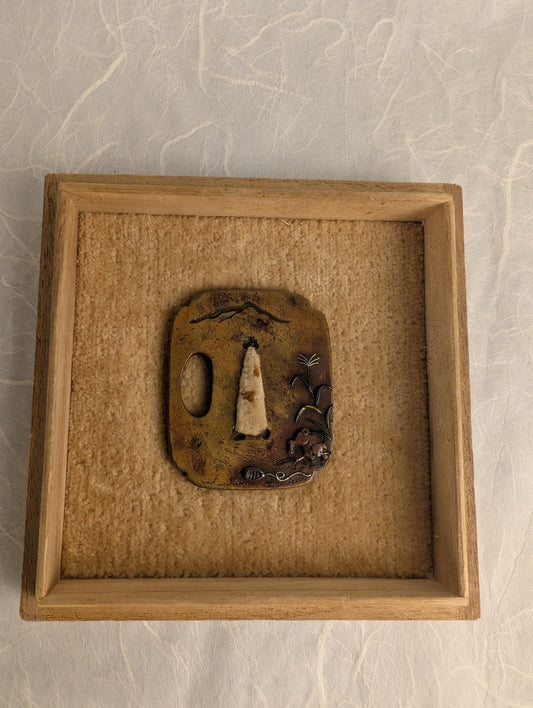 Brass Tsuba with Puppy among Pampas Grass - TS-020