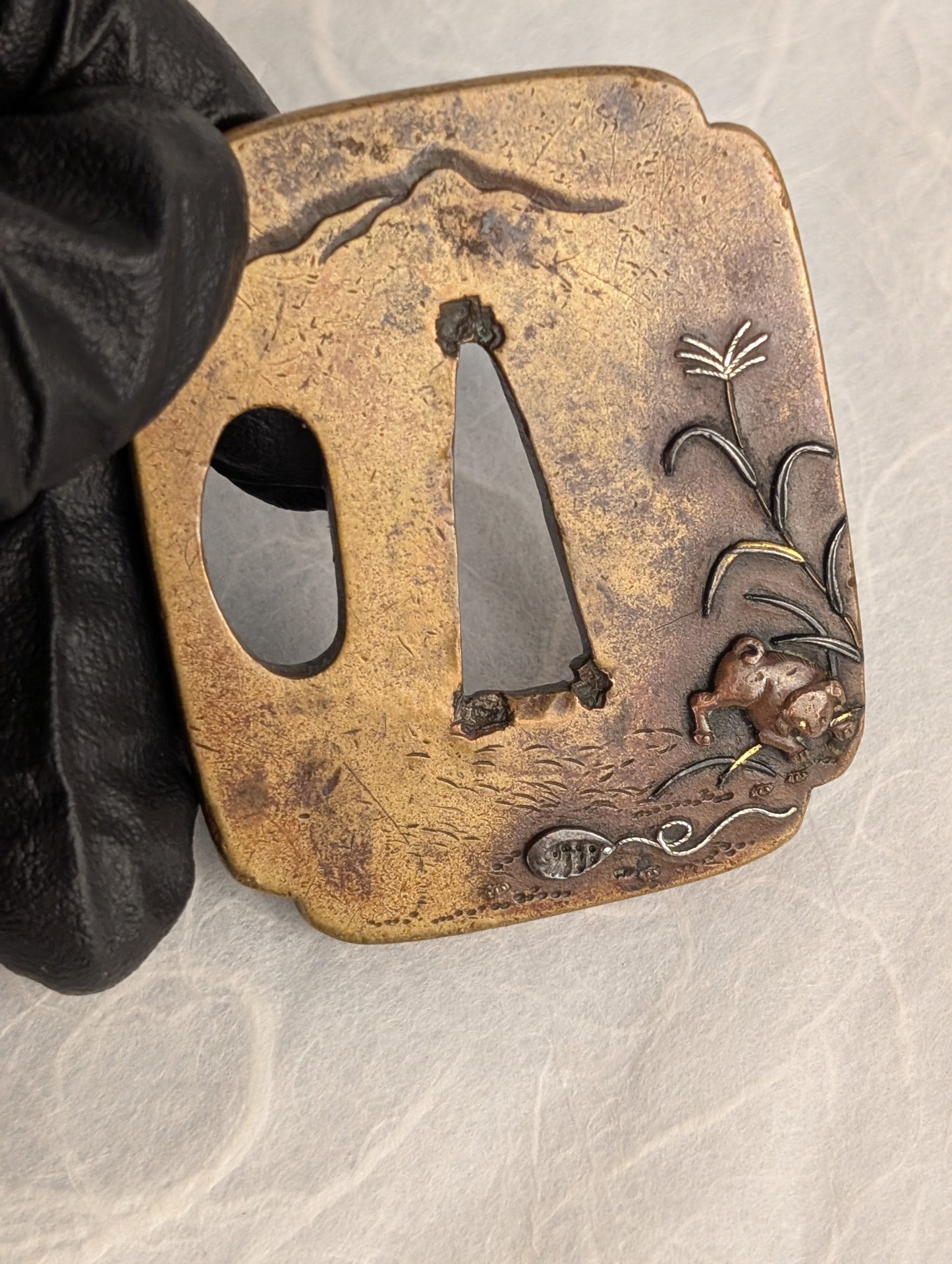 Brass Tsuba with Puppy among Pampas Grass - TS-020