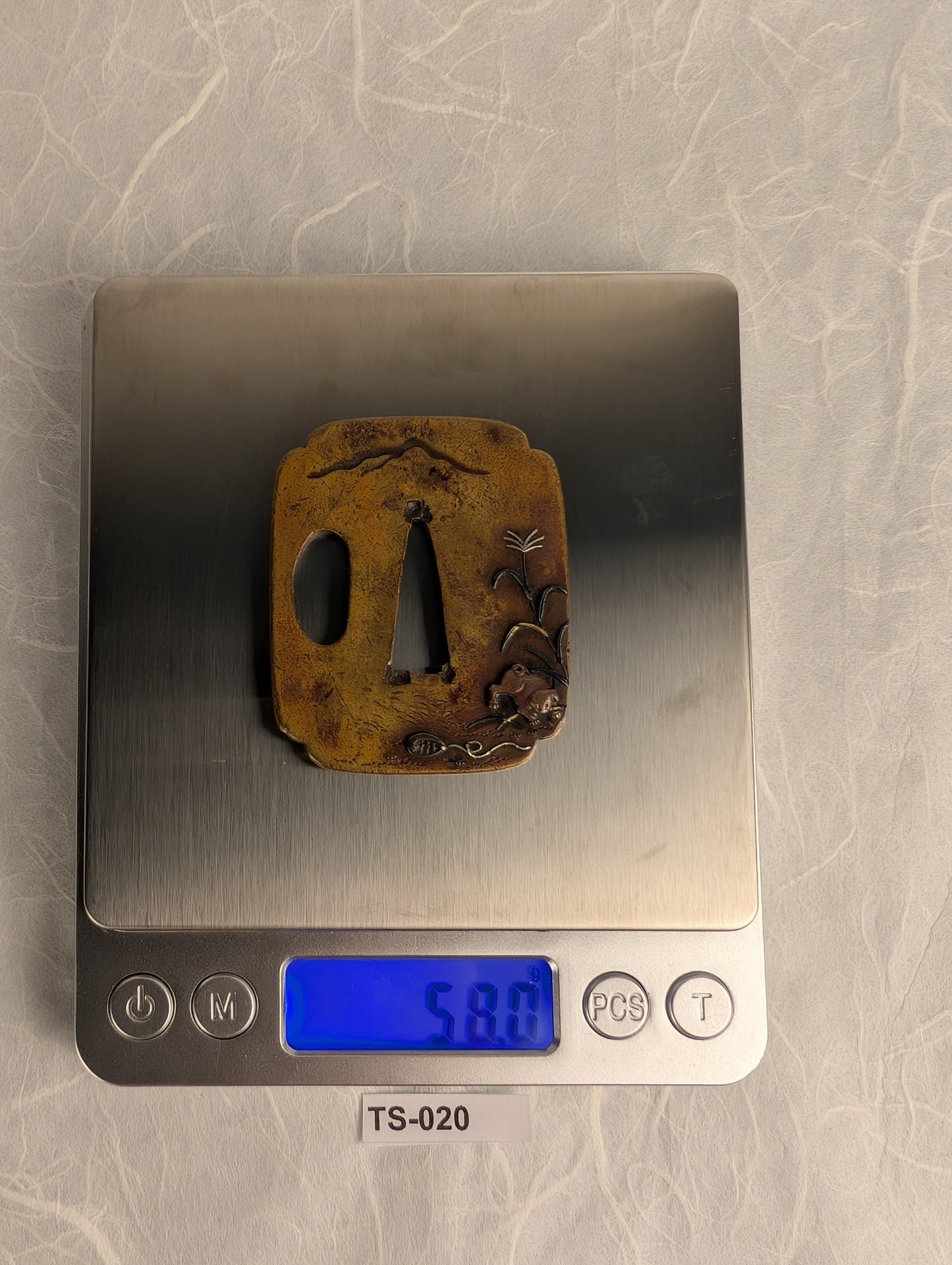 Brass Tsuba with Puppy among Pampas Grass - TS-020