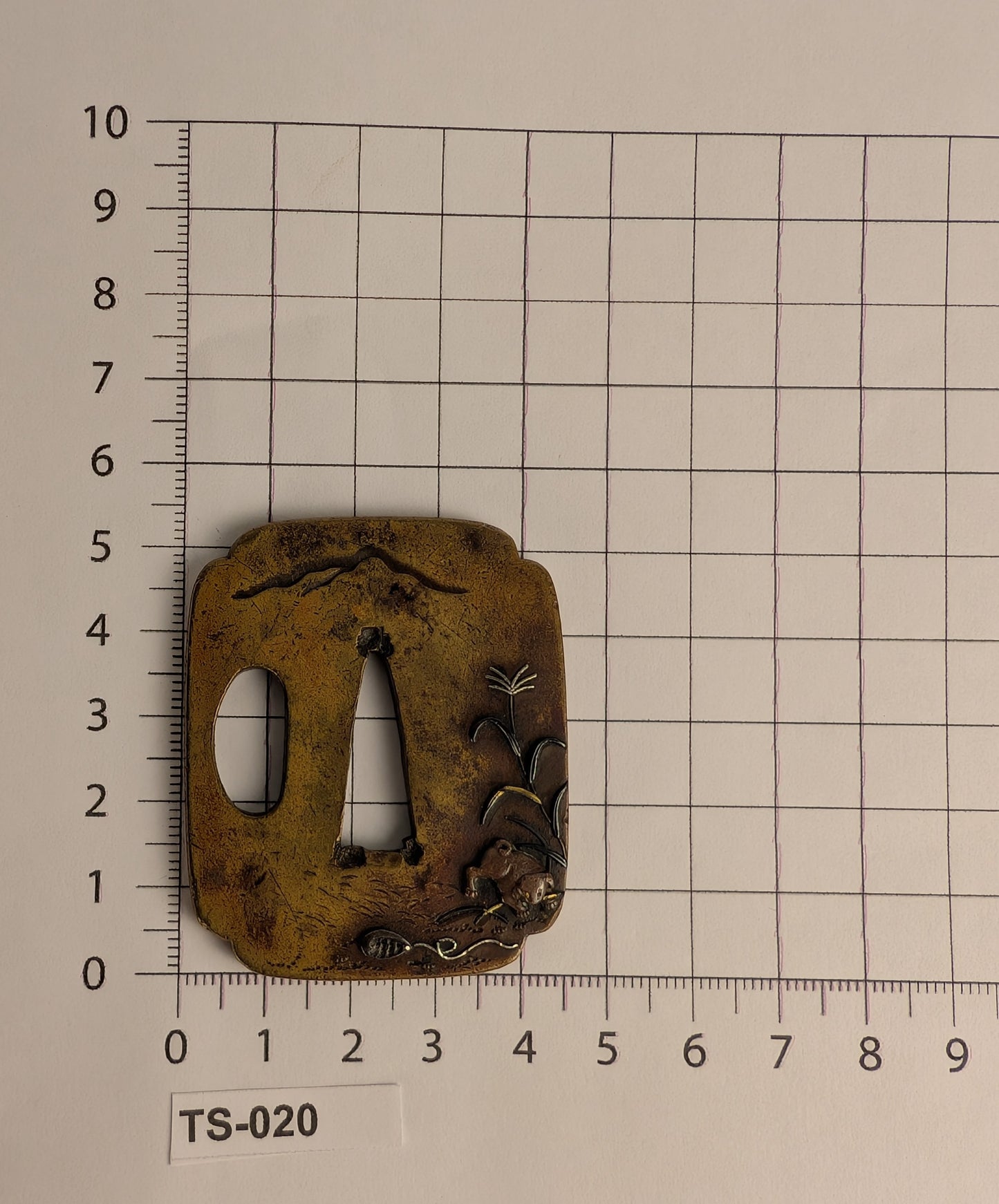 Brass Tsuba with Puppy among Pampas Grass - TS-020