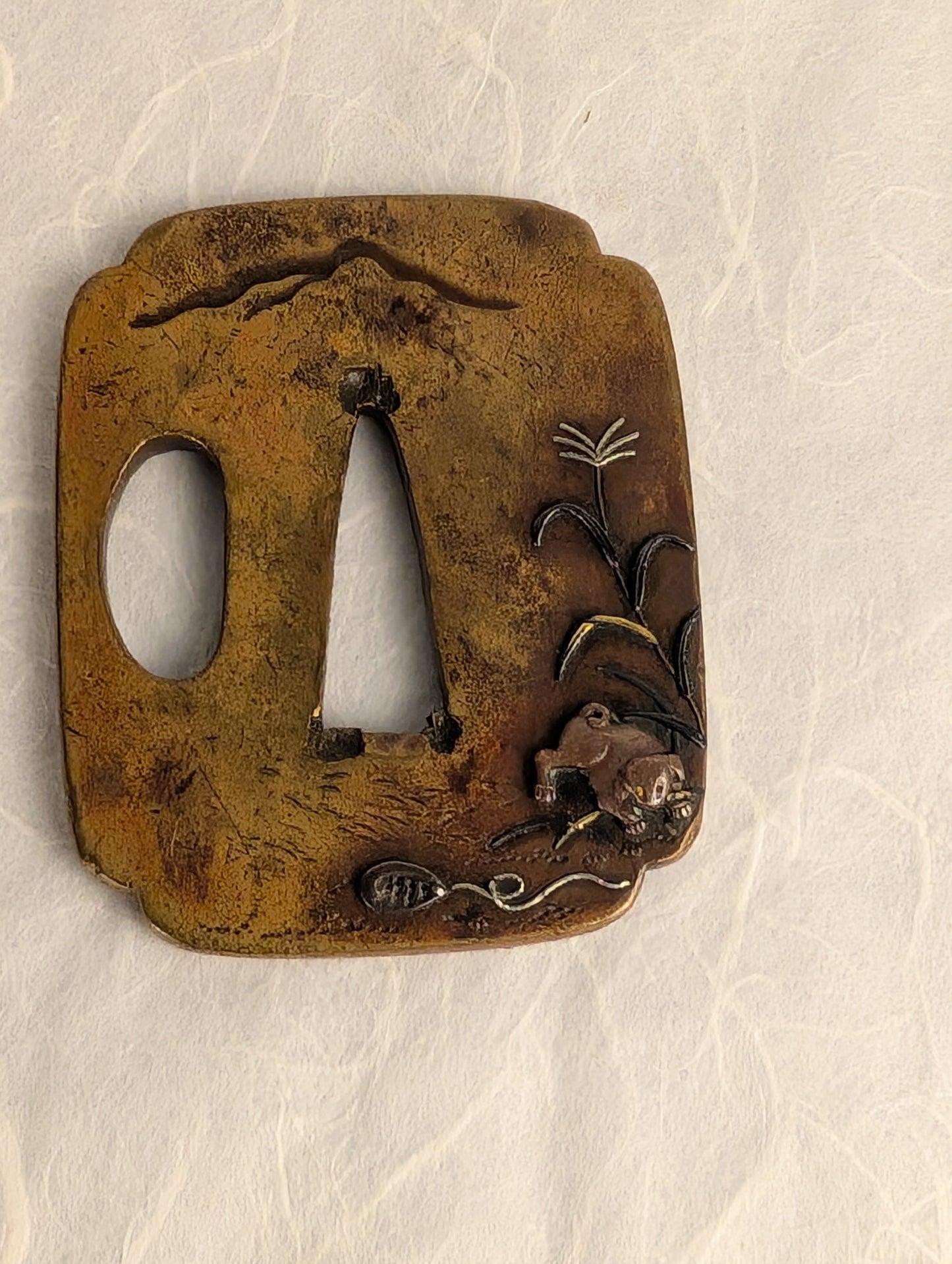 Brass Tsuba with Puppy among Pampas Grass - TS-020