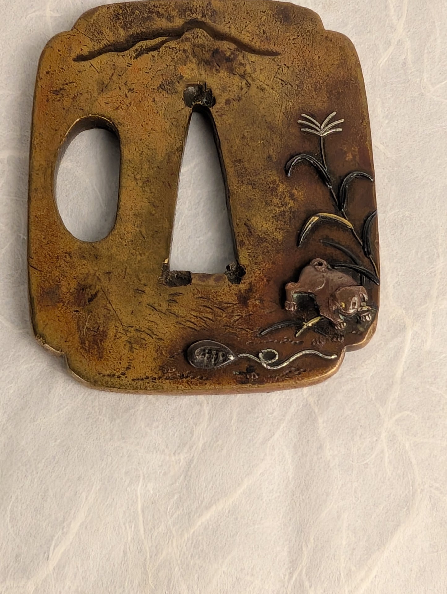 Brass Tsuba with Puppy among Pampas Grass - TS-020