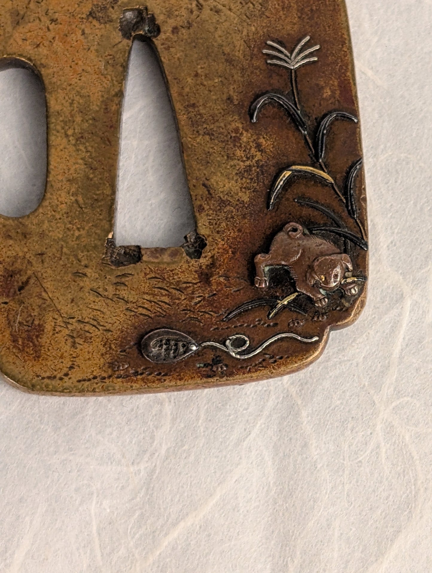 Brass Tsuba with Puppy among Pampas Grass - TS-020