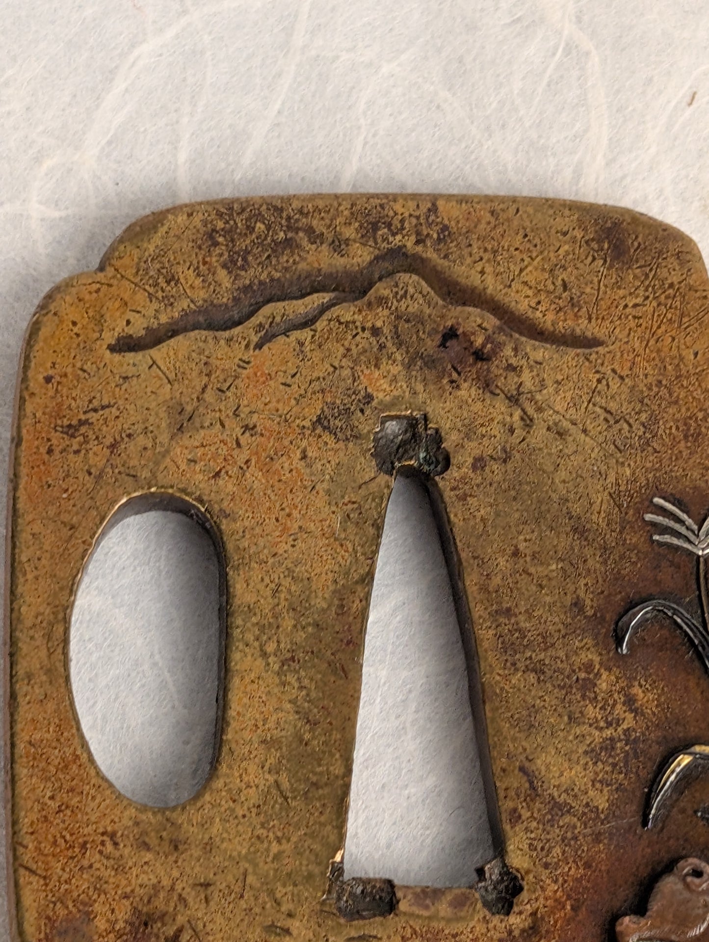 Brass Tsuba with Puppy among Pampas Grass - TS-020