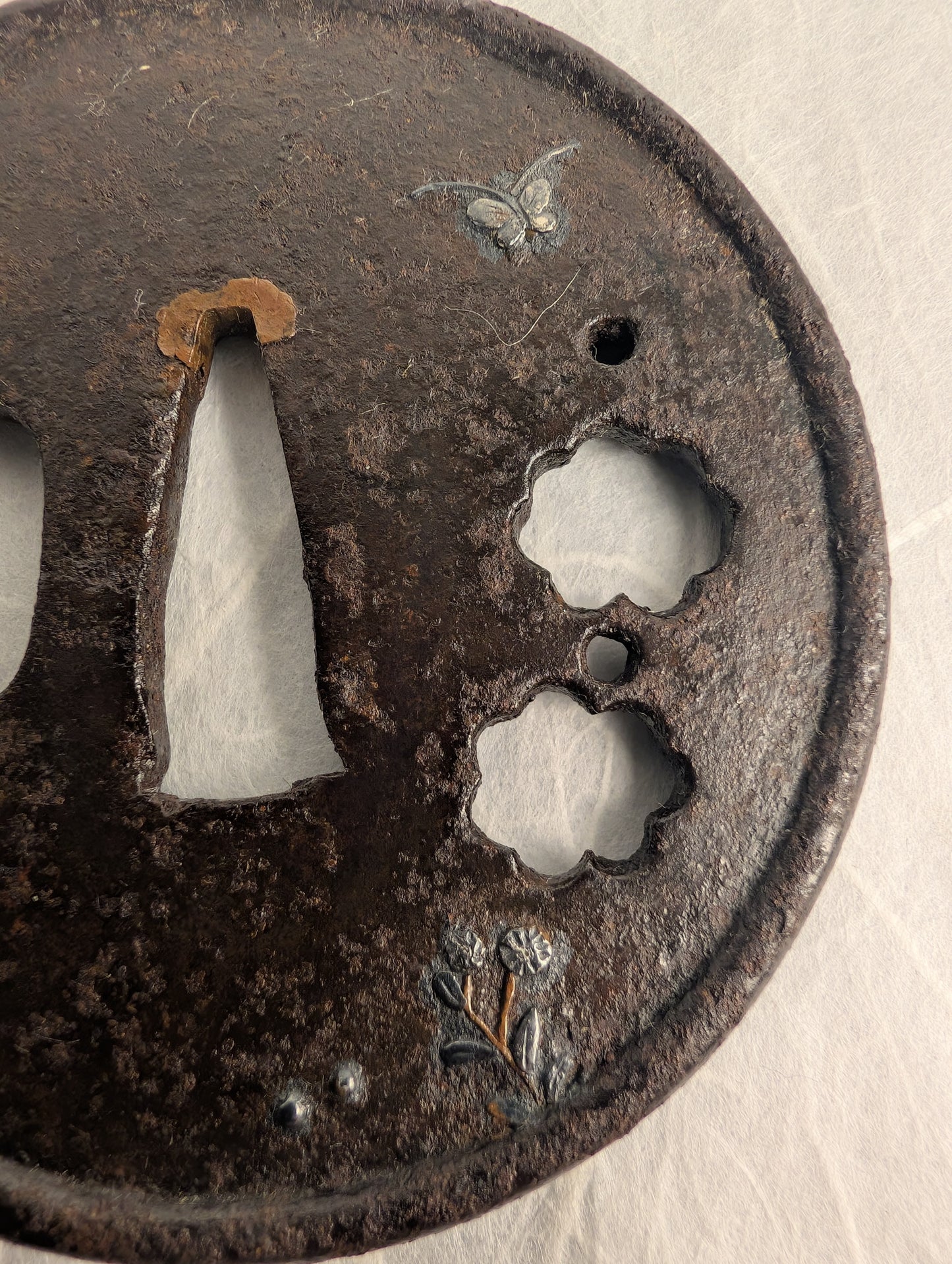 Iron Tsuba with Inlaid Butterfly and Blossoms – TS-028