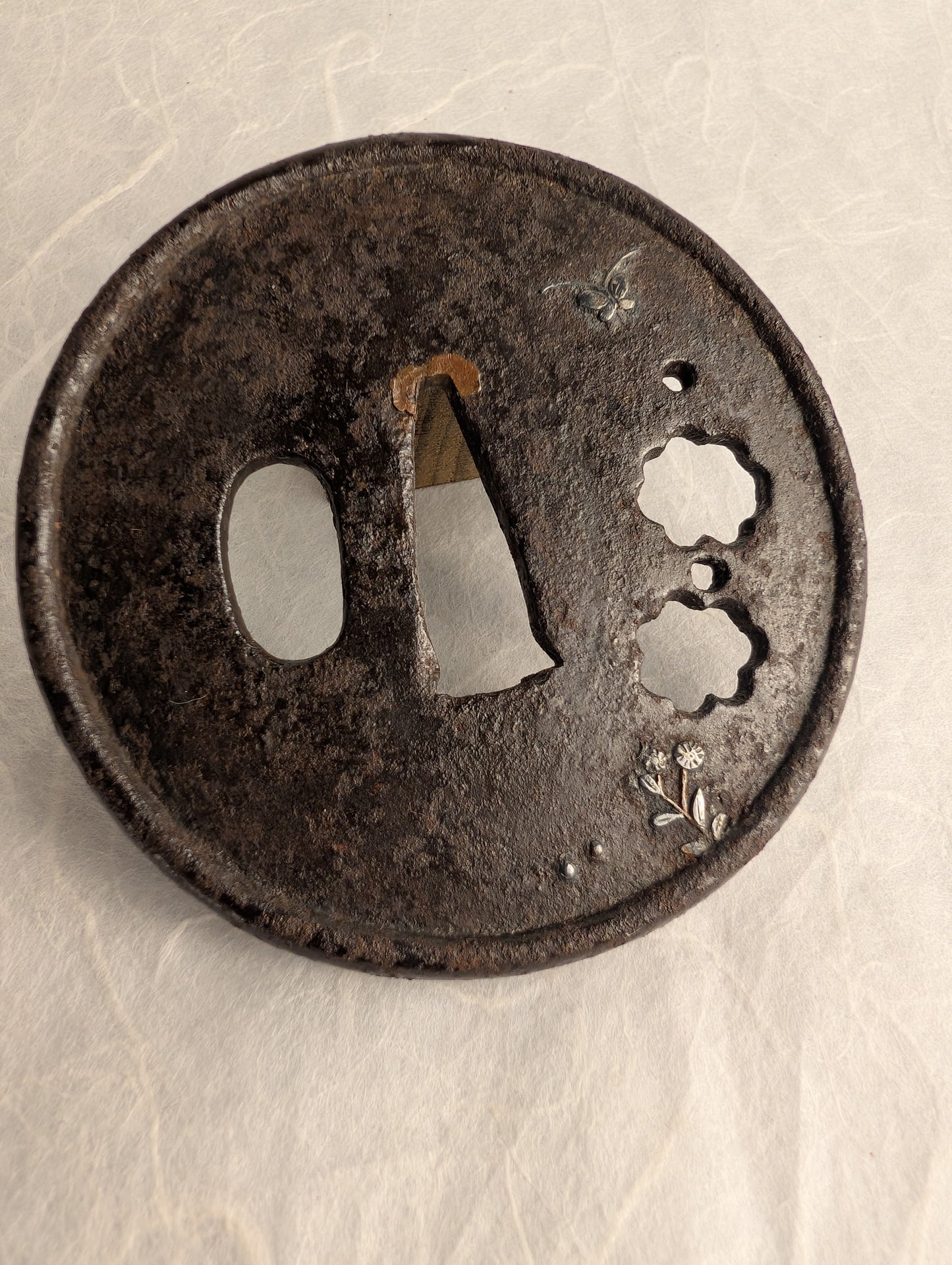 Iron Tsuba with Inlaid Butterfly and Blossoms – TS-028