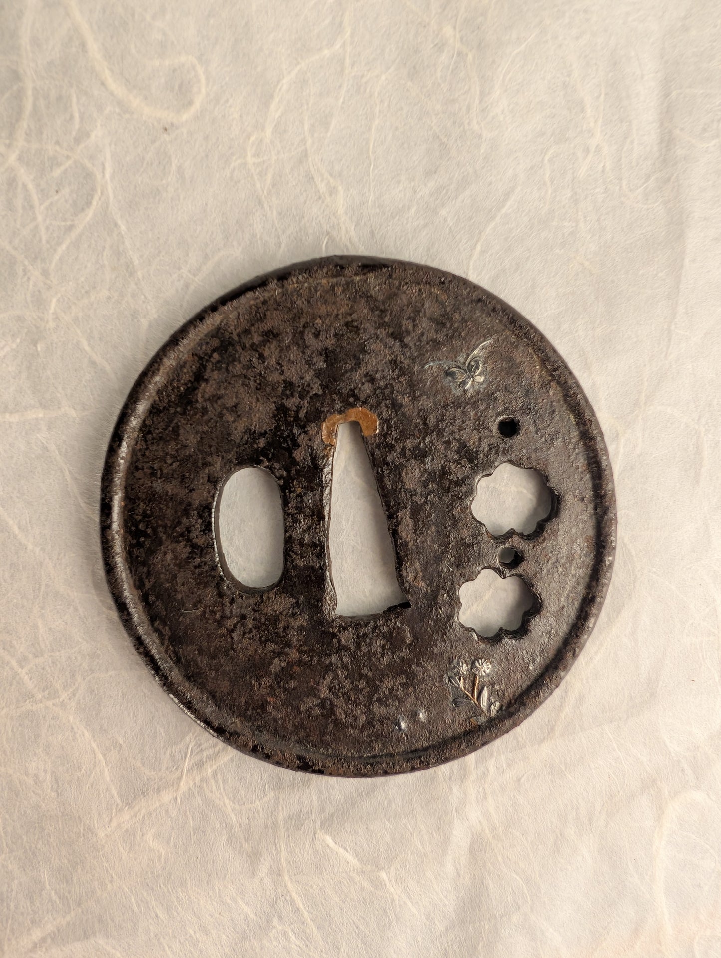 Iron Tsuba with Inlaid Butterfly and Blossoms – TS-028