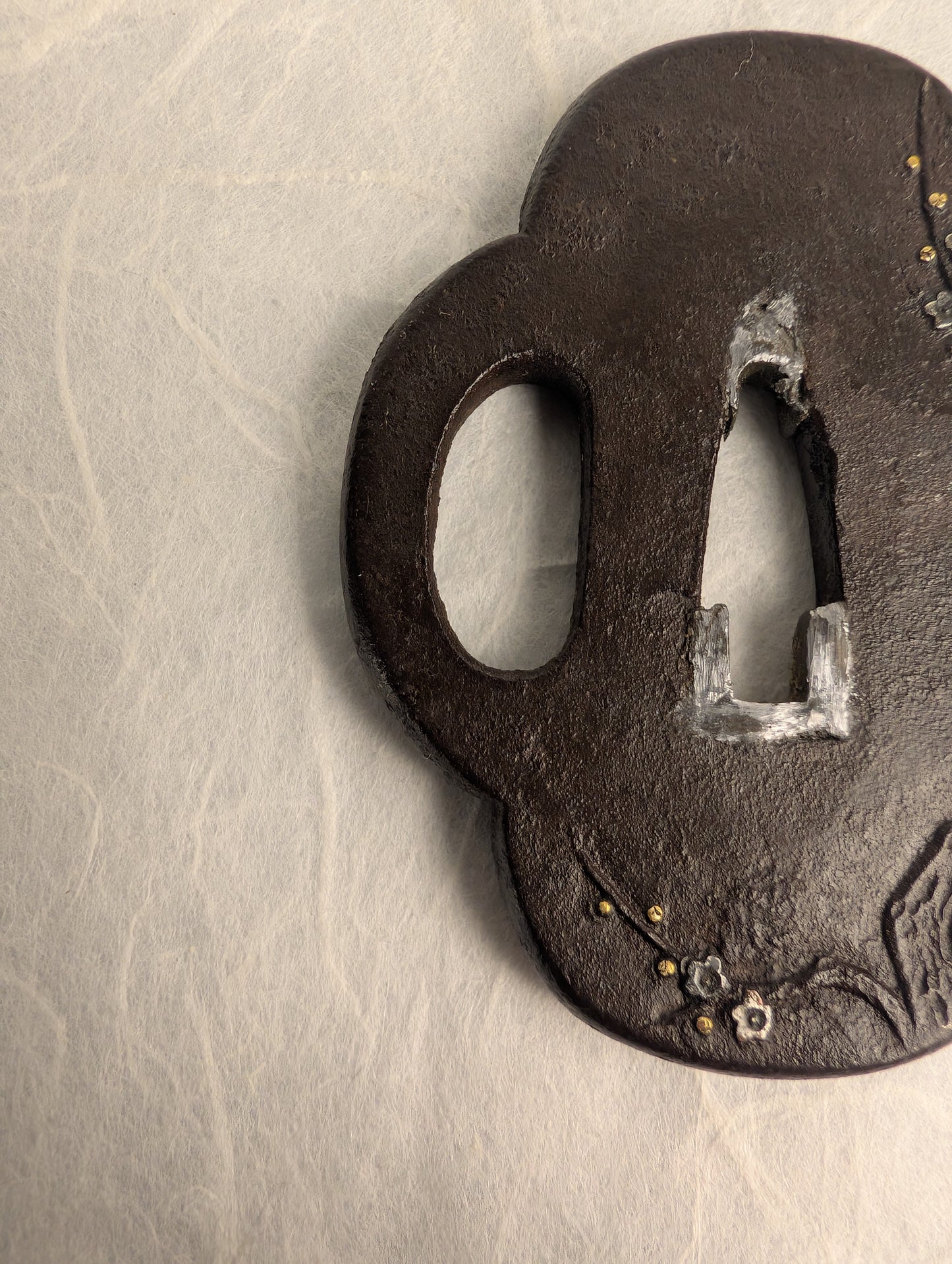 Iron Mokko-gata Tsuba with Plum Blossoms in Gold and Silver – TS-032