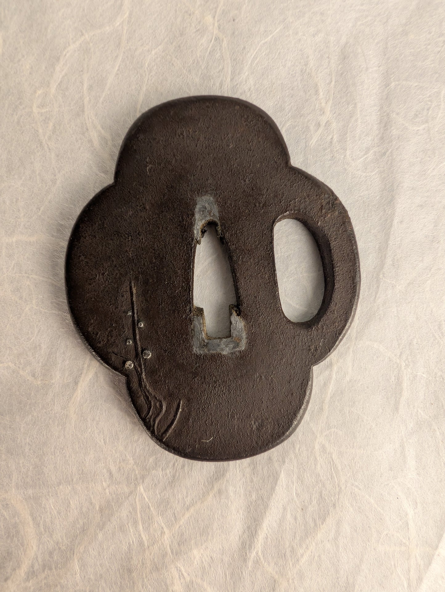 Iron Mokko-gata Tsuba with Plum Blossoms in Gold and Silver – TS-032