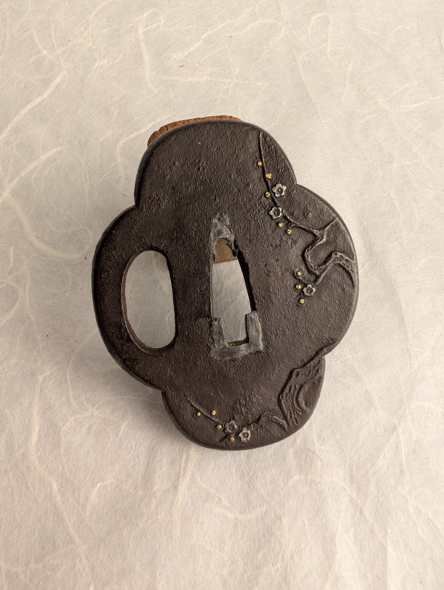 Iron Mokko-gata Tsuba with Plum Blossoms in Gold and Silver – TS-032