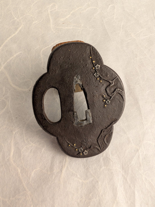 Iron Mokko-gata Tsuba with Plum Blossoms in Gold and Silver – TS-032