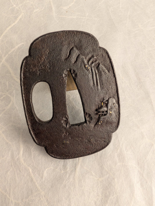 Iron Mokko-gata Tsuba with Mountainside Village – TS-035