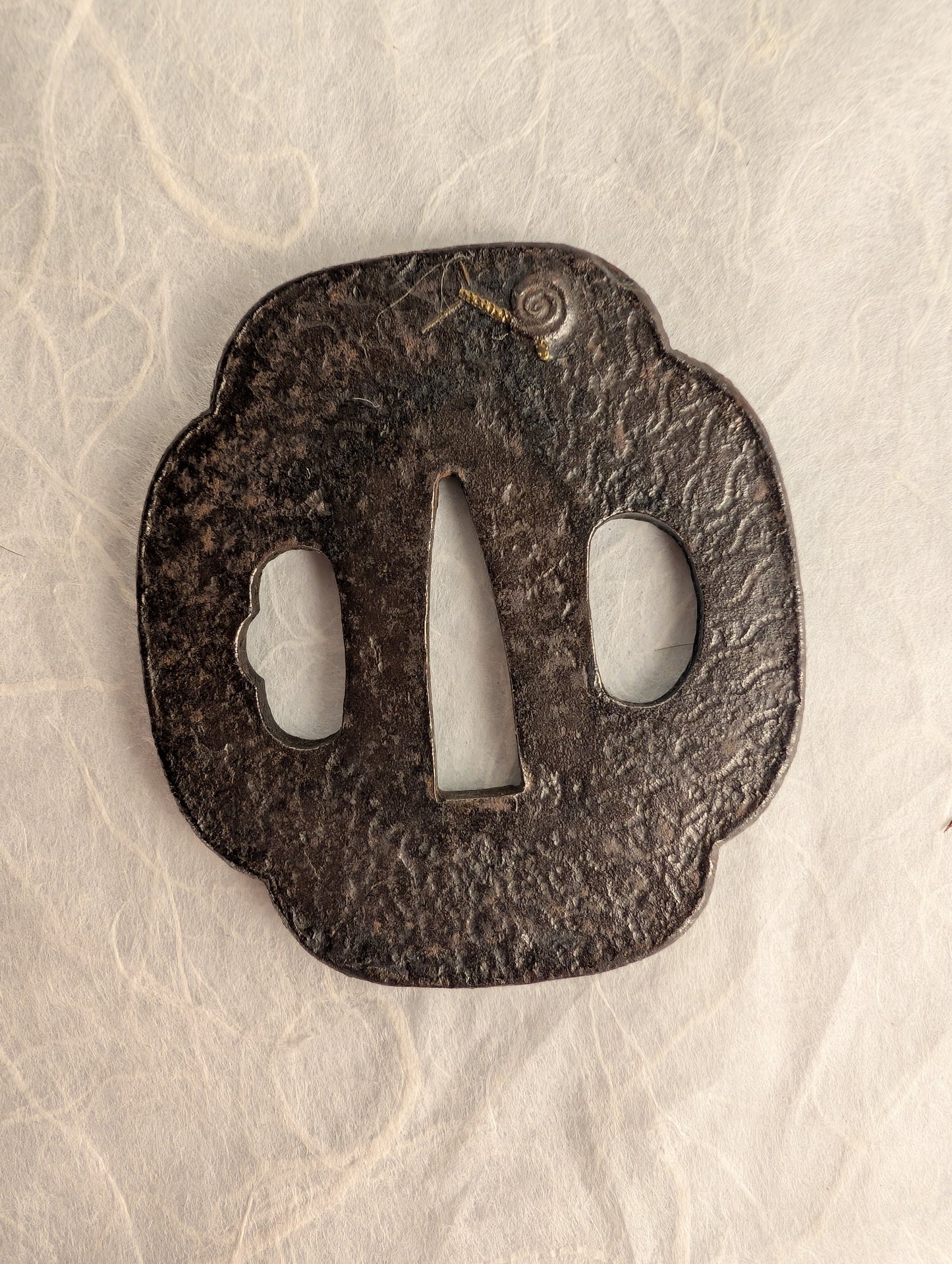 Iron Mokko-gata Tsuba with Inlaid Snail Motif – TS-036