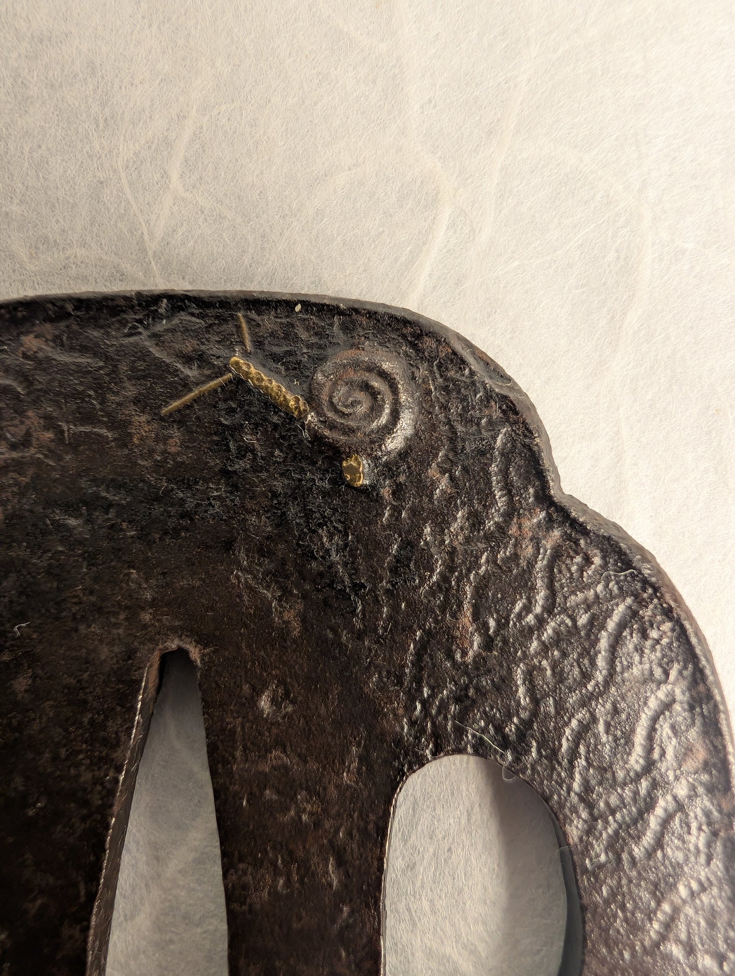 Iron Mokko-gata Tsuba with Inlaid Snail Motif – TS-036