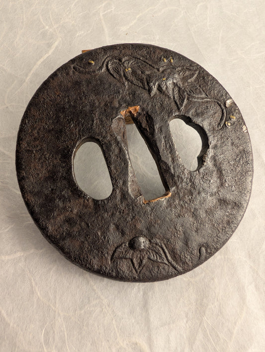 Iron Tsuba with Morning Glory and Gold Inlay Details – TS-037