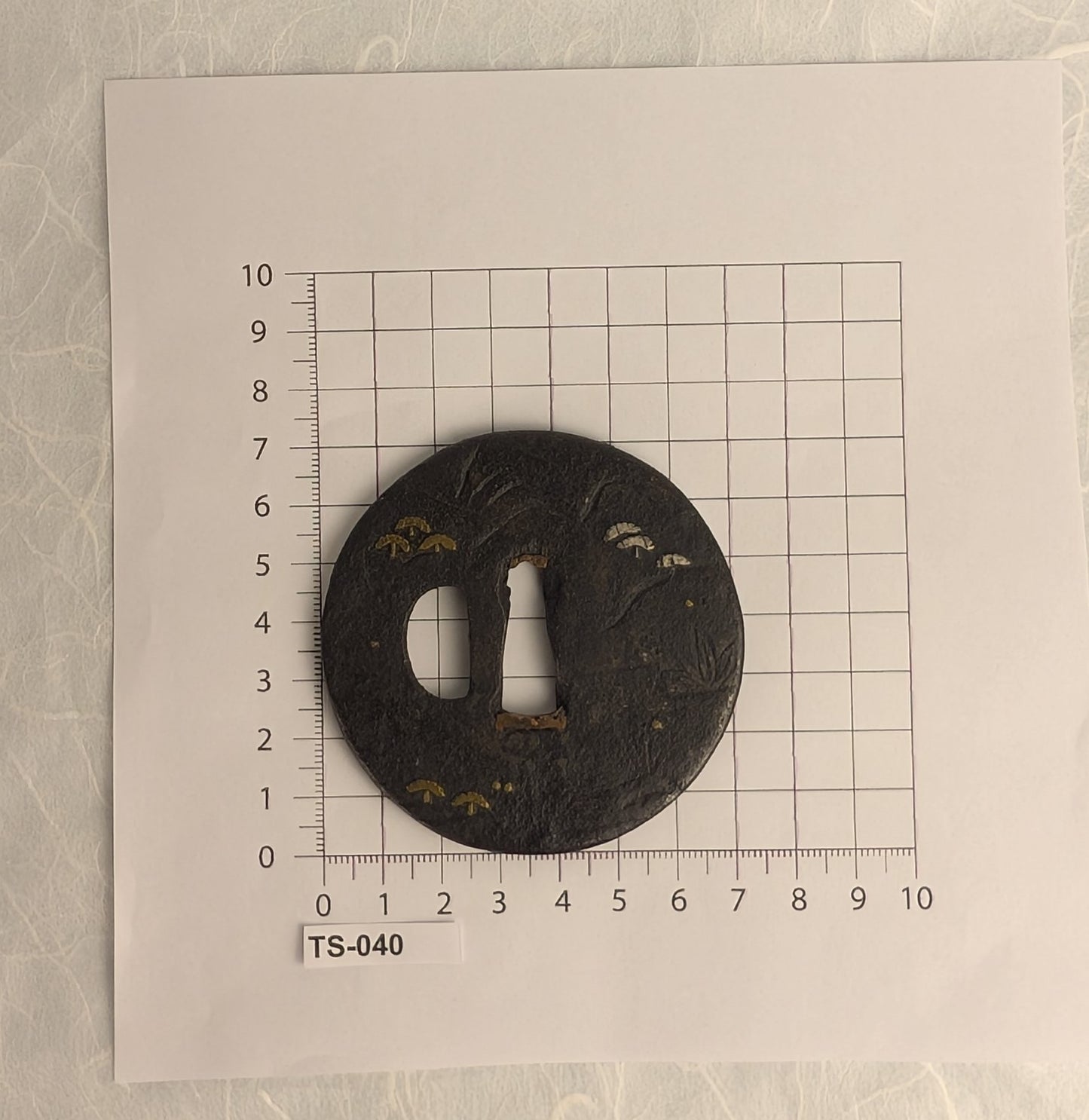 Iron Tsuba with Brass and Silver Inlay of Mountainside Pine Landscape – TS-040