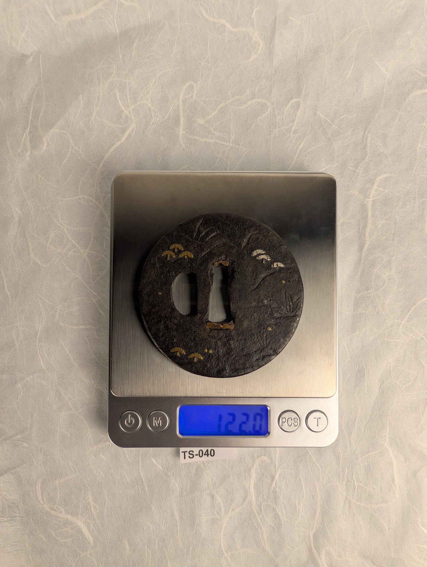 Iron Tsuba with Brass and Silver Inlay of Mountainside Pine Landscape – TS-040