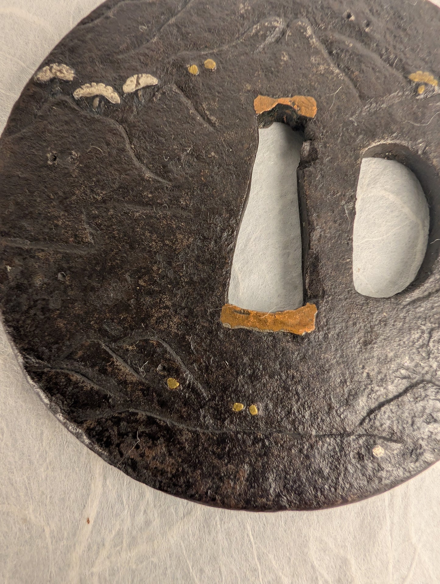 Iron Tsuba with Brass and Silver Inlay of Mountainside Pine Landscape – TS-040