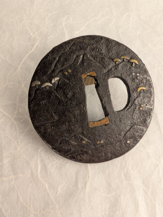 Iron Tsuba with Brass and Silver Inlay of Mountainside Pine Landscape – TS-040