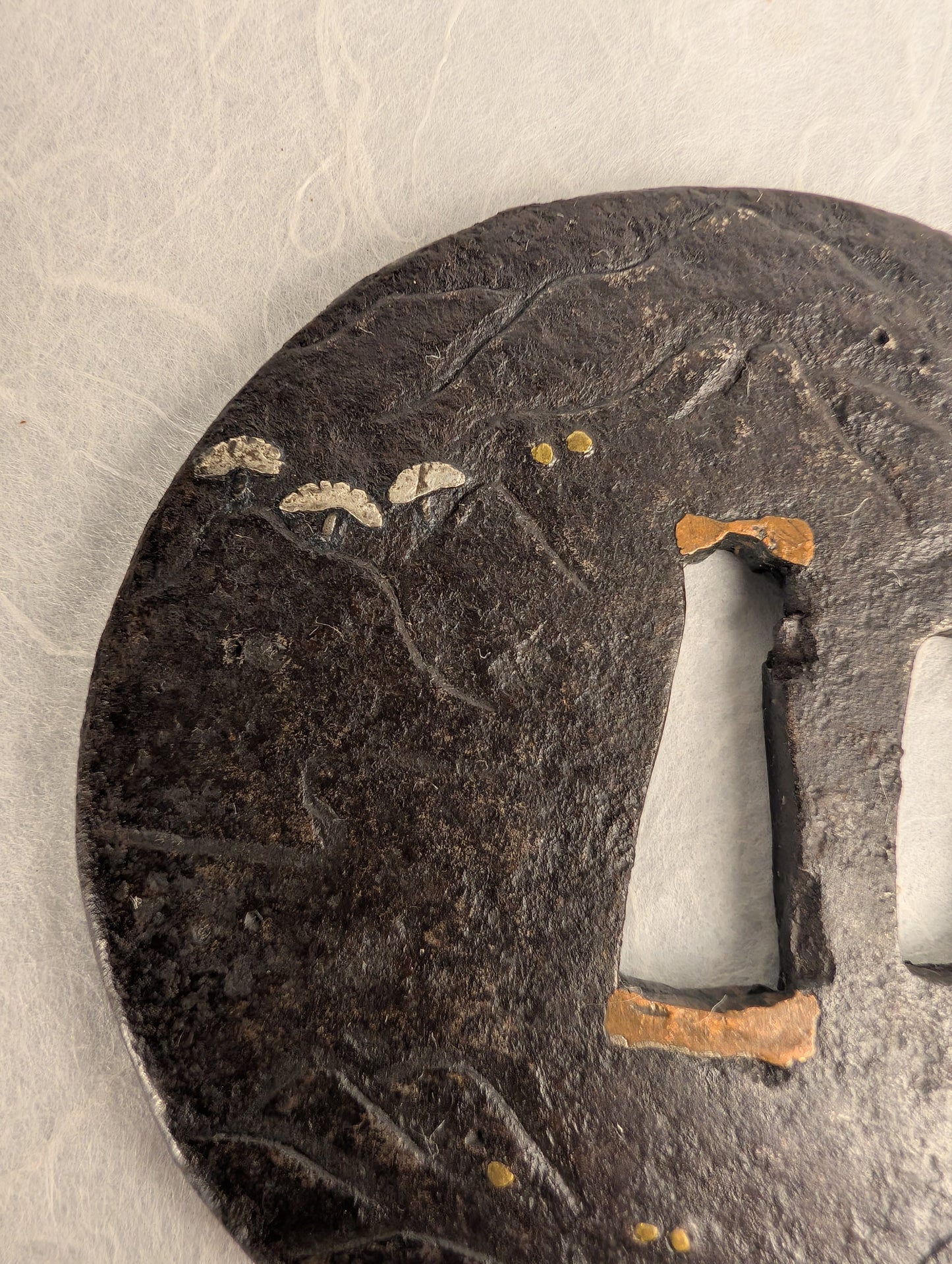 Iron Tsuba with Brass and Silver Inlay of Mountainside Pine Landscape – TS-040