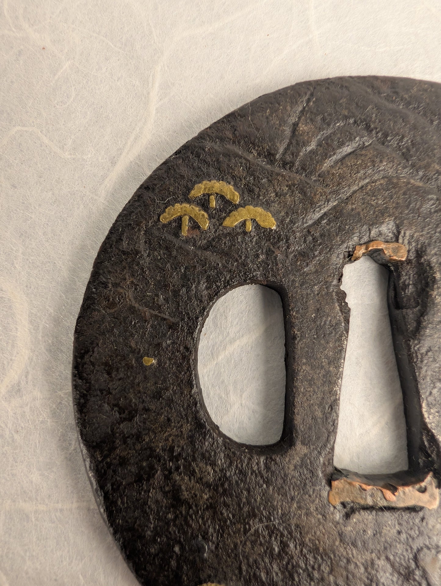 Iron Tsuba with Brass and Silver Inlay of Mountainside Pine Landscape – TS-040