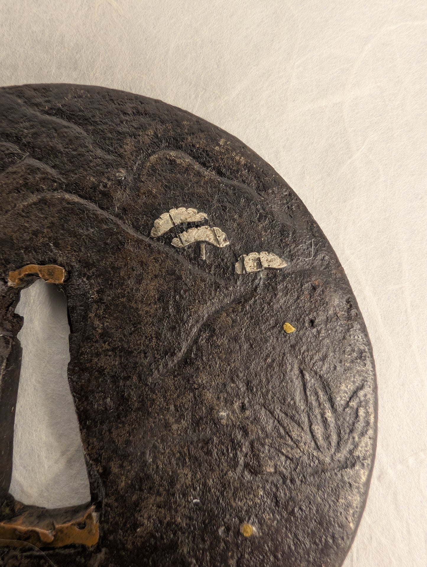 Iron Tsuba with Brass and Silver Inlay of Mountainside Pine Landscape – TS-040