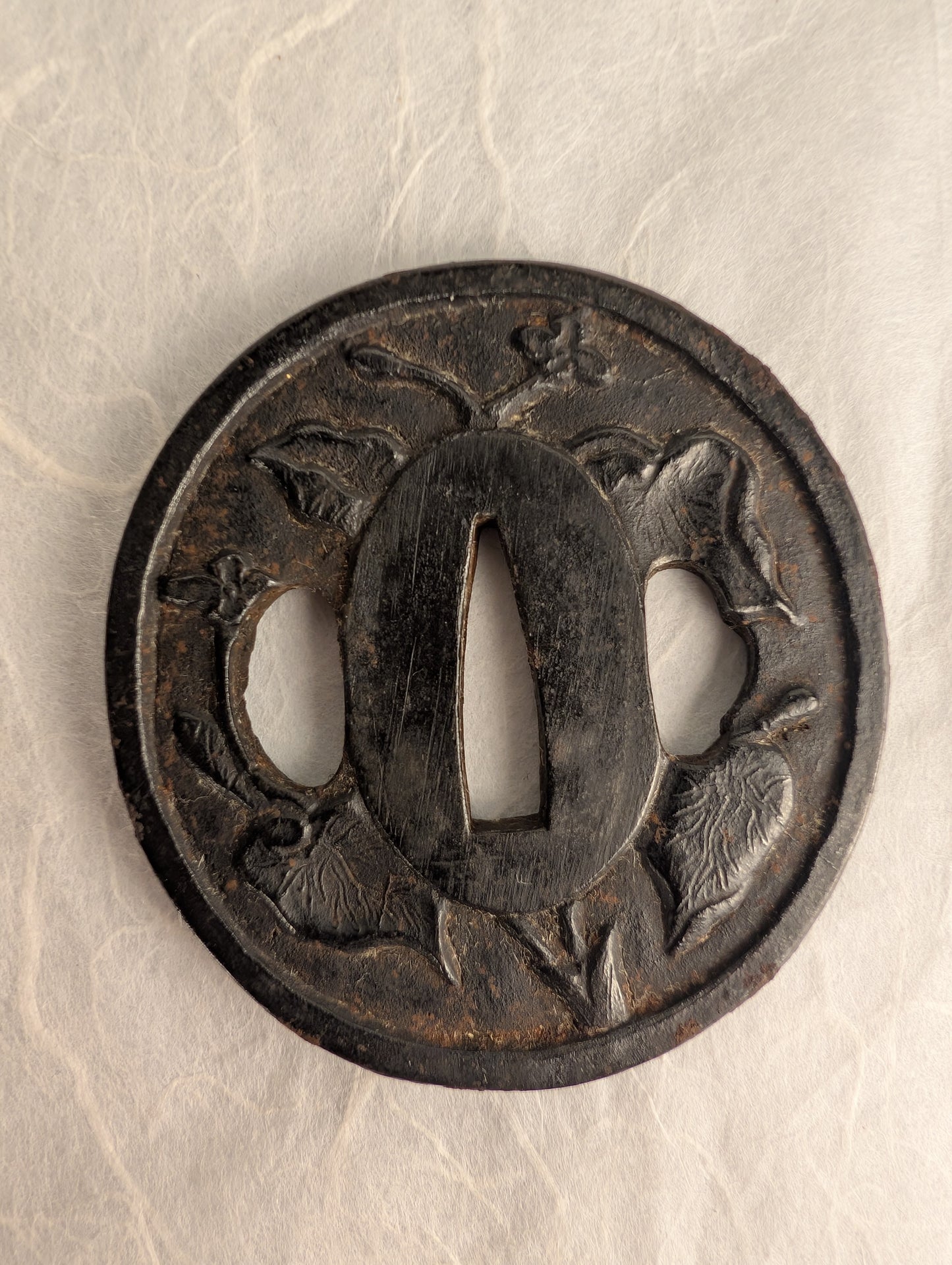 Iron Tsuba with Floral Relief – TS-042