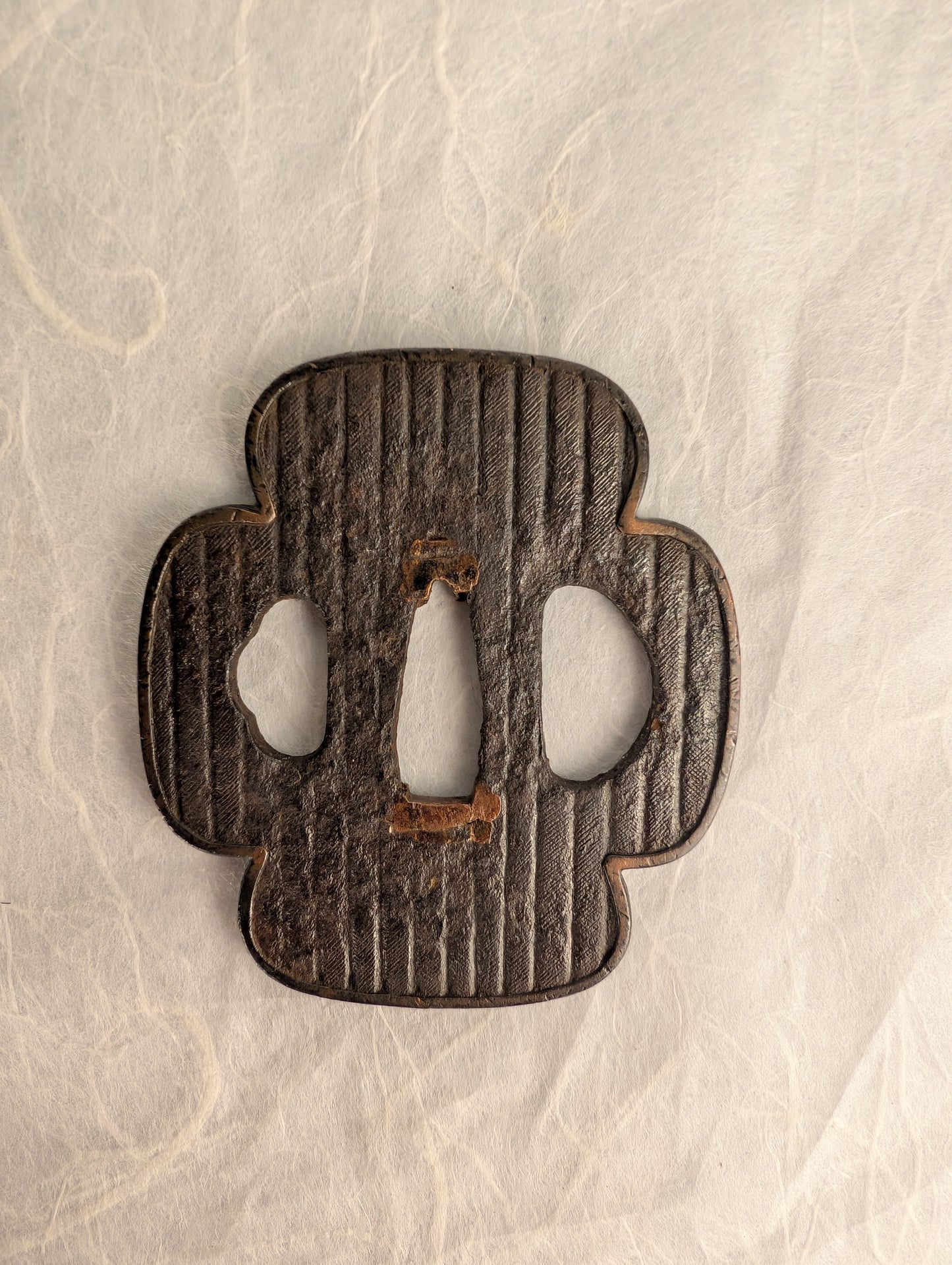 Iron Mokko-gata Tsuba with Fine Line Texture – TS-043