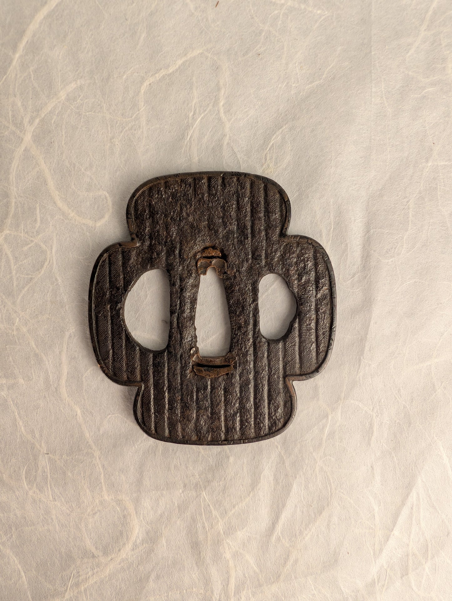 Iron Mokko-gata Tsuba with Fine Line Texture – TS-043