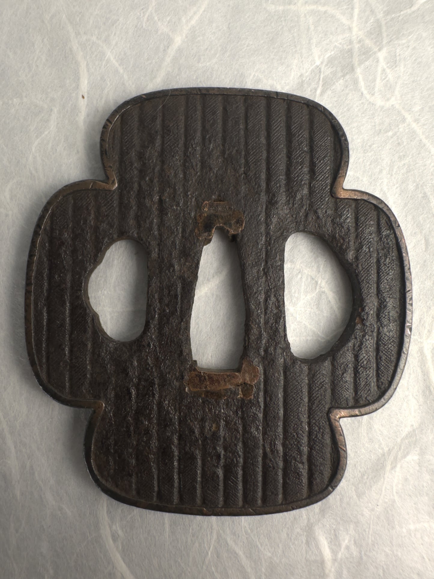Iron Mokko-gata Tsuba with Fine Line Texture – TS-043
