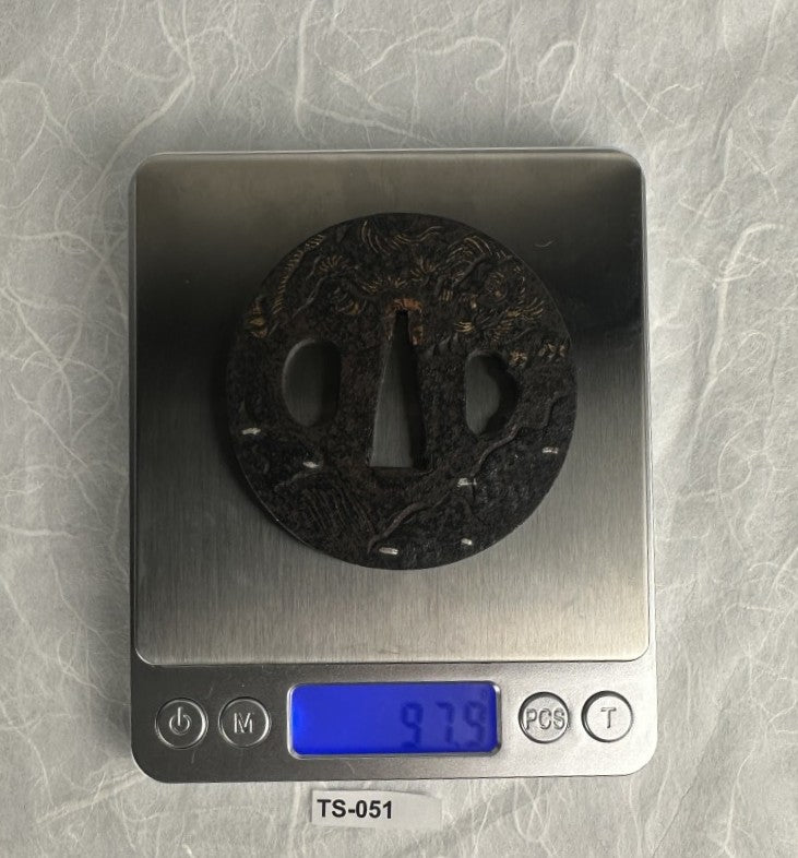 Iron Tsuba with Flying Dragon in Gold and Silver Nunome Zogan – TS-051