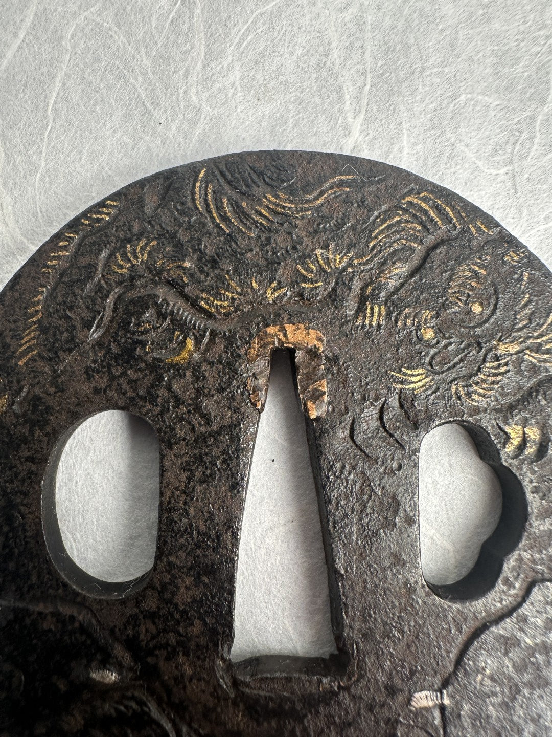 Iron Tsuba with Flying Dragon in Gold and Silver Nunome Zogan – TS-051