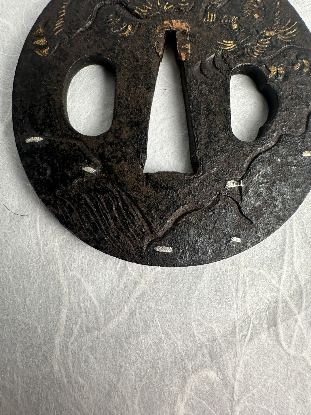 Iron Tsuba with Flying Dragon in Gold and Silver Nunome Zogan – TS-051
