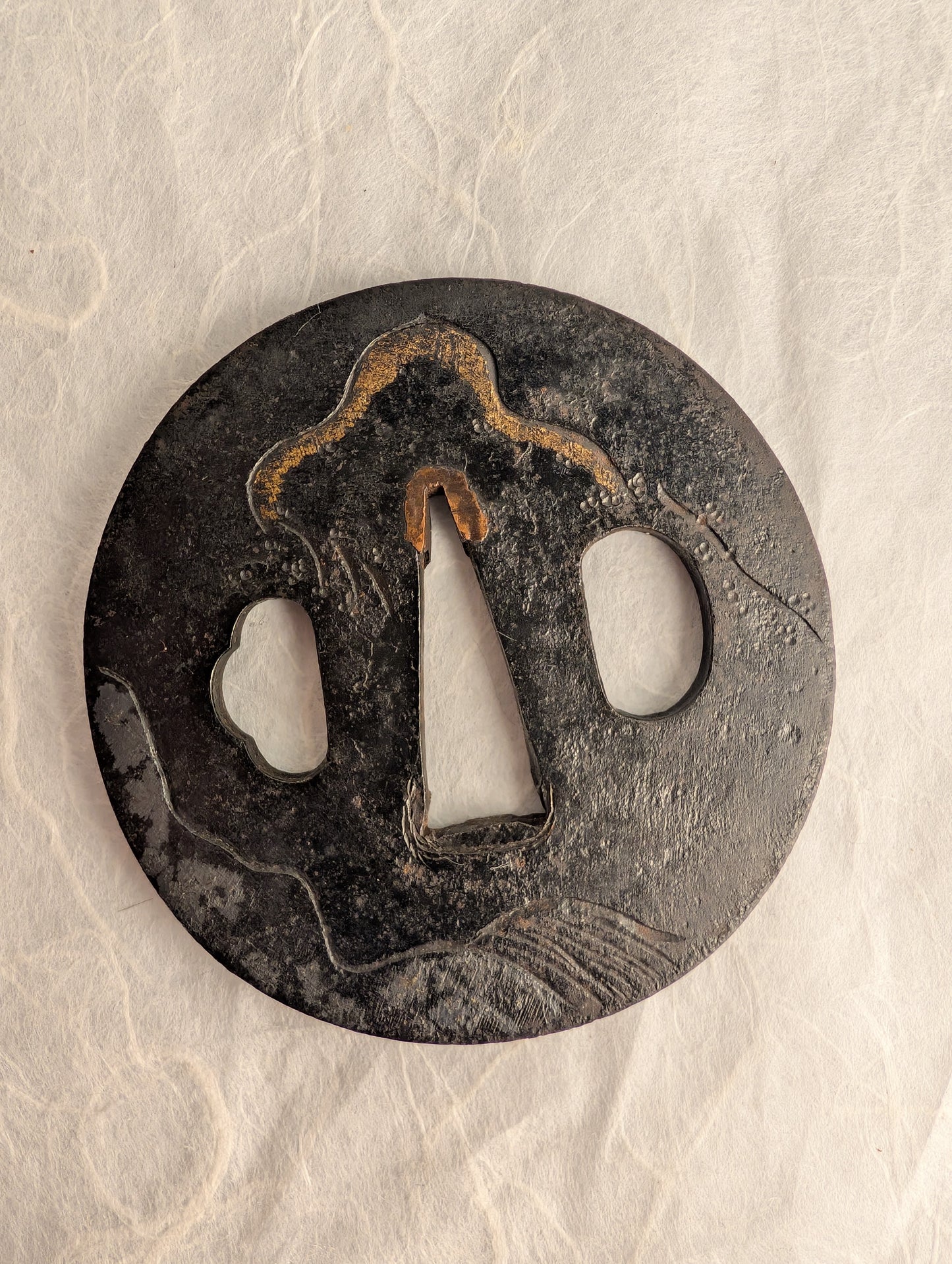 Iron Tsuba with Flying Dragon in Gold and Silver Nunome Zogan – TS-051