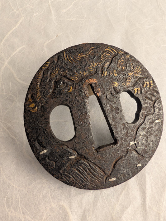 Iron Tsuba with Flying Dragon in Gold and Silver Nunome Zogan – TS-051